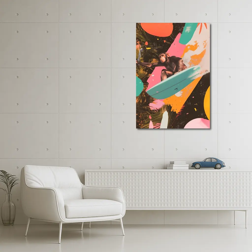 Chimpanzee Surfing Colorful Pop Art Collage – Wall Art