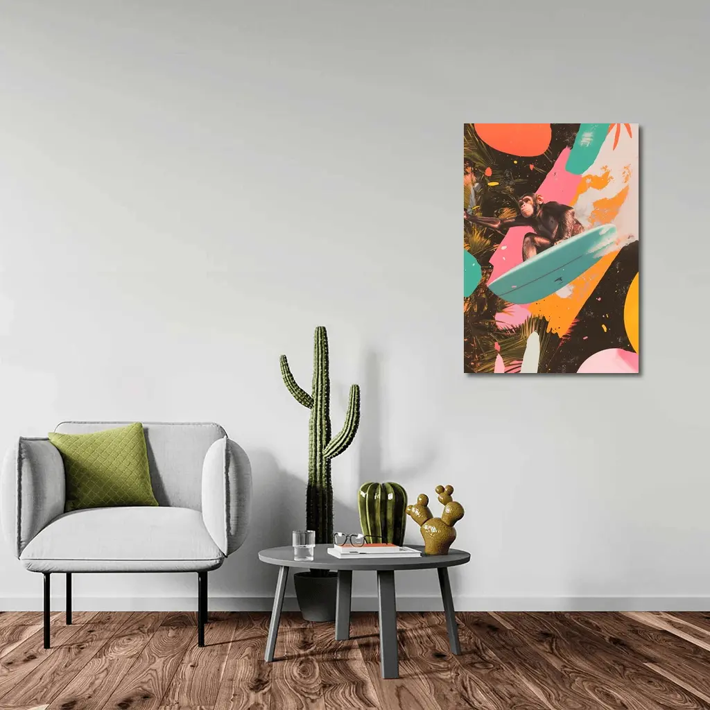 Chimpanzee Surfing Colorful Pop Art Collage – Wall Art