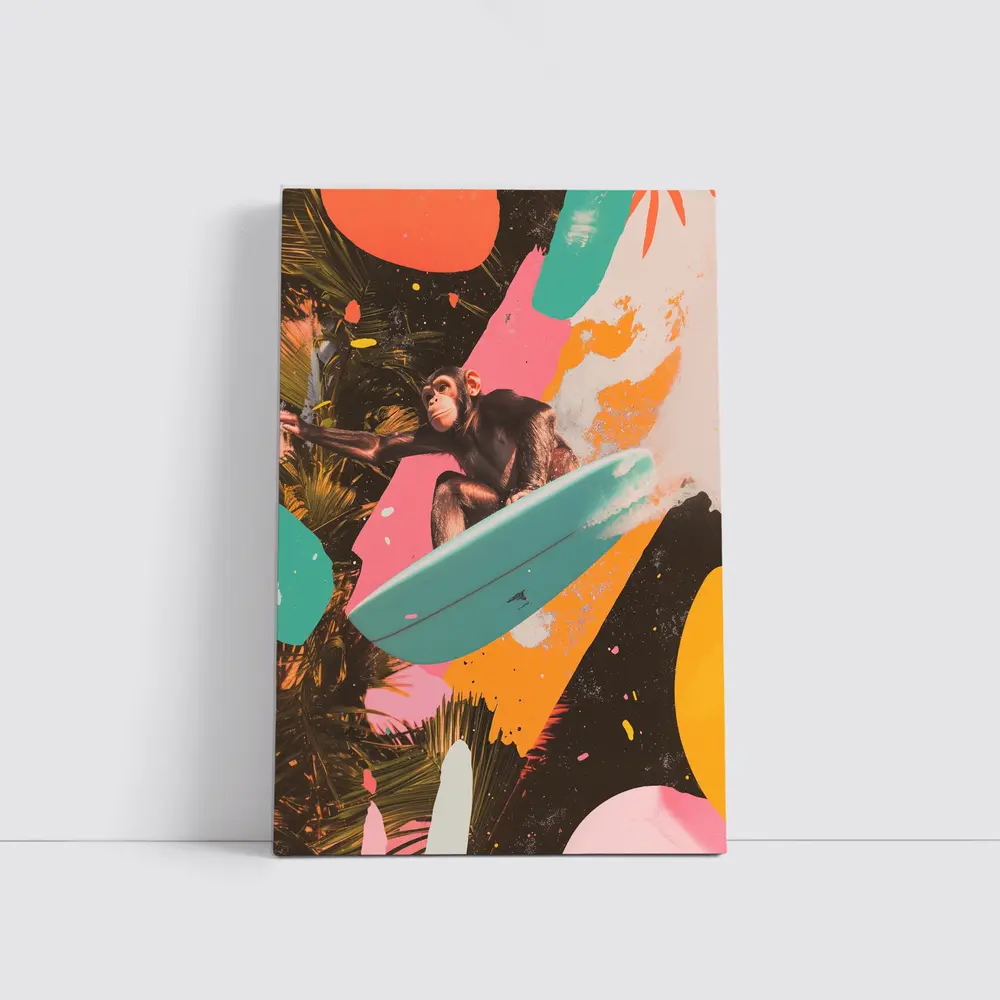 Chimpanzee Surfing Colorful Pop Art Collage – Wall Art