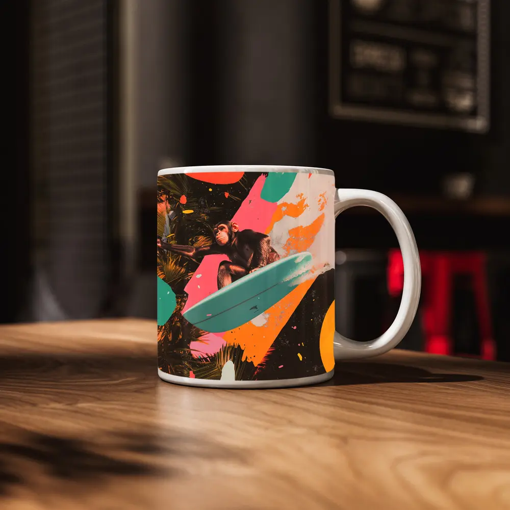 Chimpanzee Surfing Colorful Pop Art Collage – Mugs