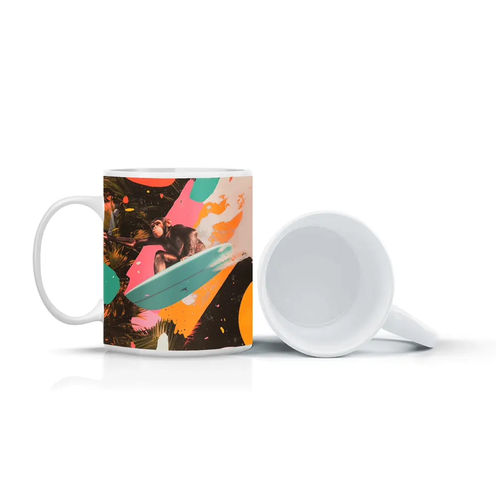 Chimpanzee Surfing Colorful Pop Art Collage – Mugs