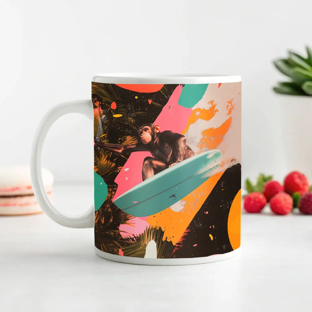 Chimpanzee Surfing Colorful Pop Art Collage – Mugs