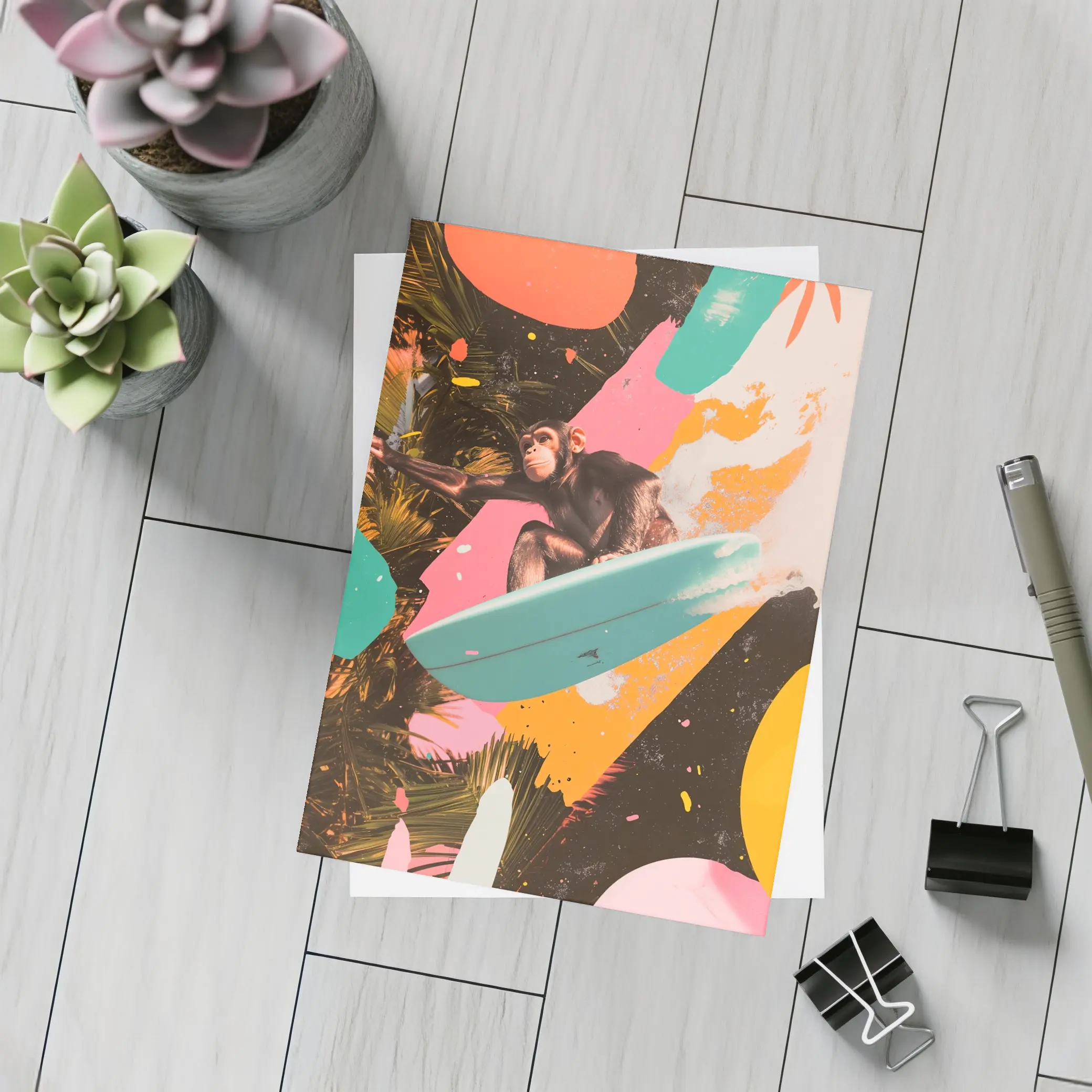 Chimpanzee Surfing Colorful Pop Art Collage – Postcards
