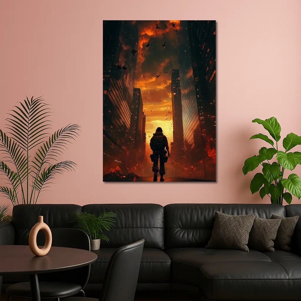 Soldier Standing In Burning City Apocalypse – Wall Art