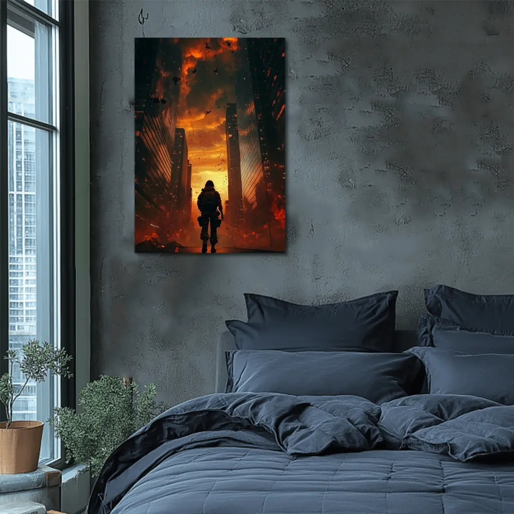 Soldier Standing In Burning City Apocalypse – Wall Art