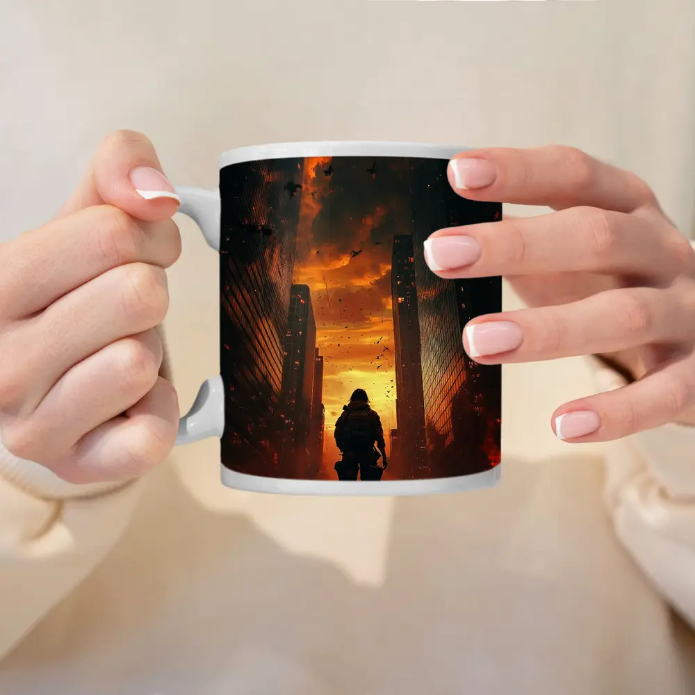 Soldier Standing In Burning City Apocalypse – Mugs