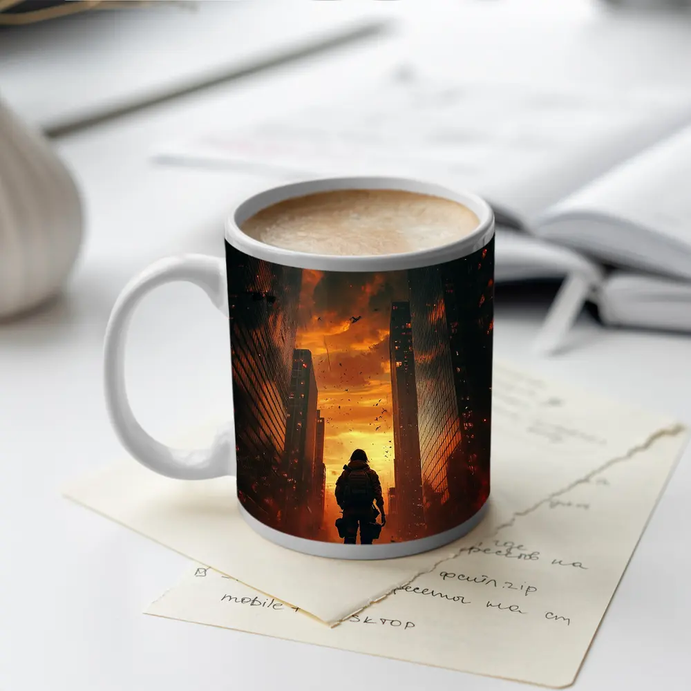Soldier Standing In Burning City Apocalypse – Mugs
