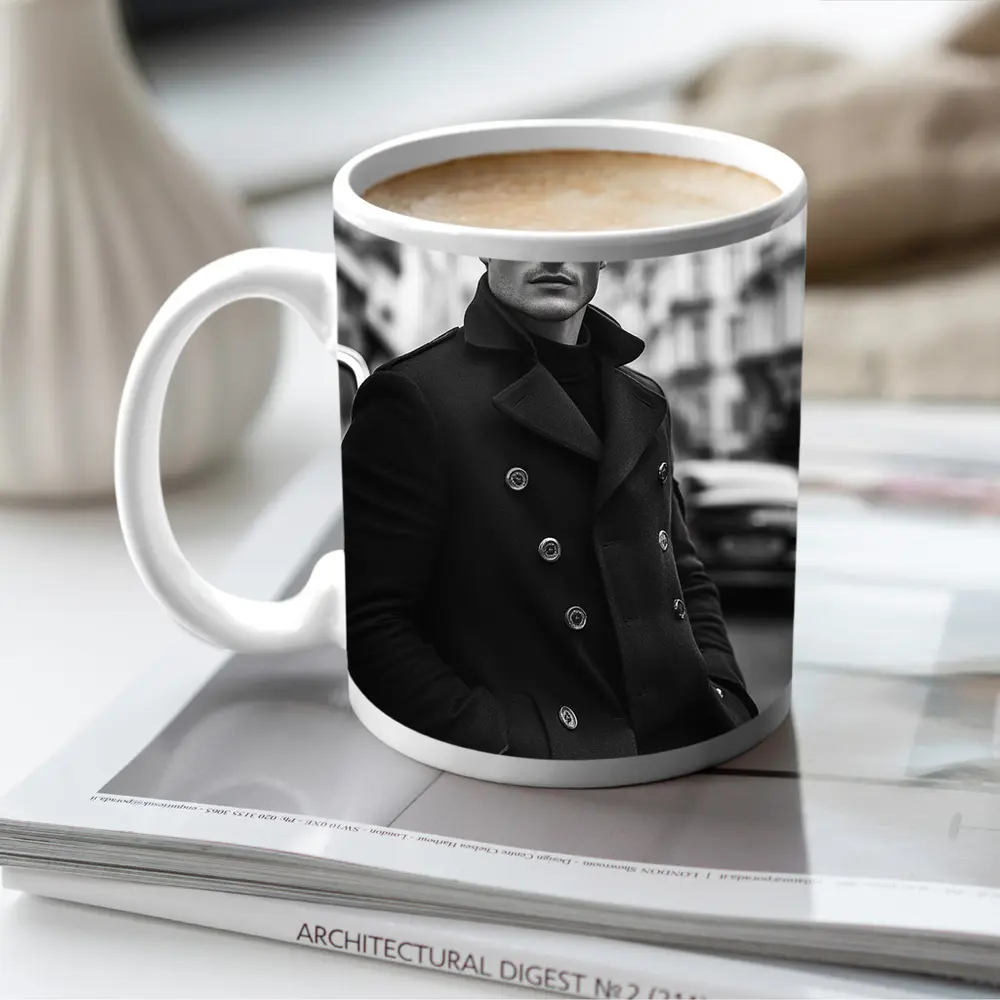 Stylish Man Black Coat City Street – Mugs