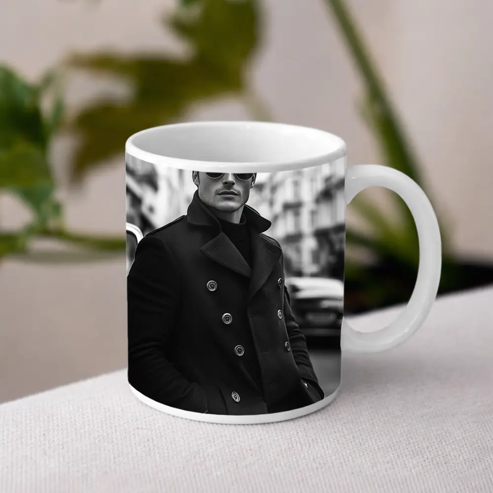 Stylish Man Black Coat City Street – Mugs