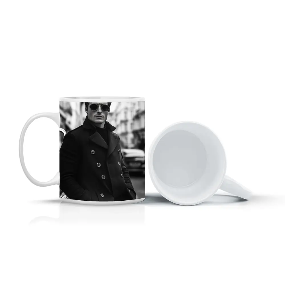Stylish Man Black Coat City Street – Mugs