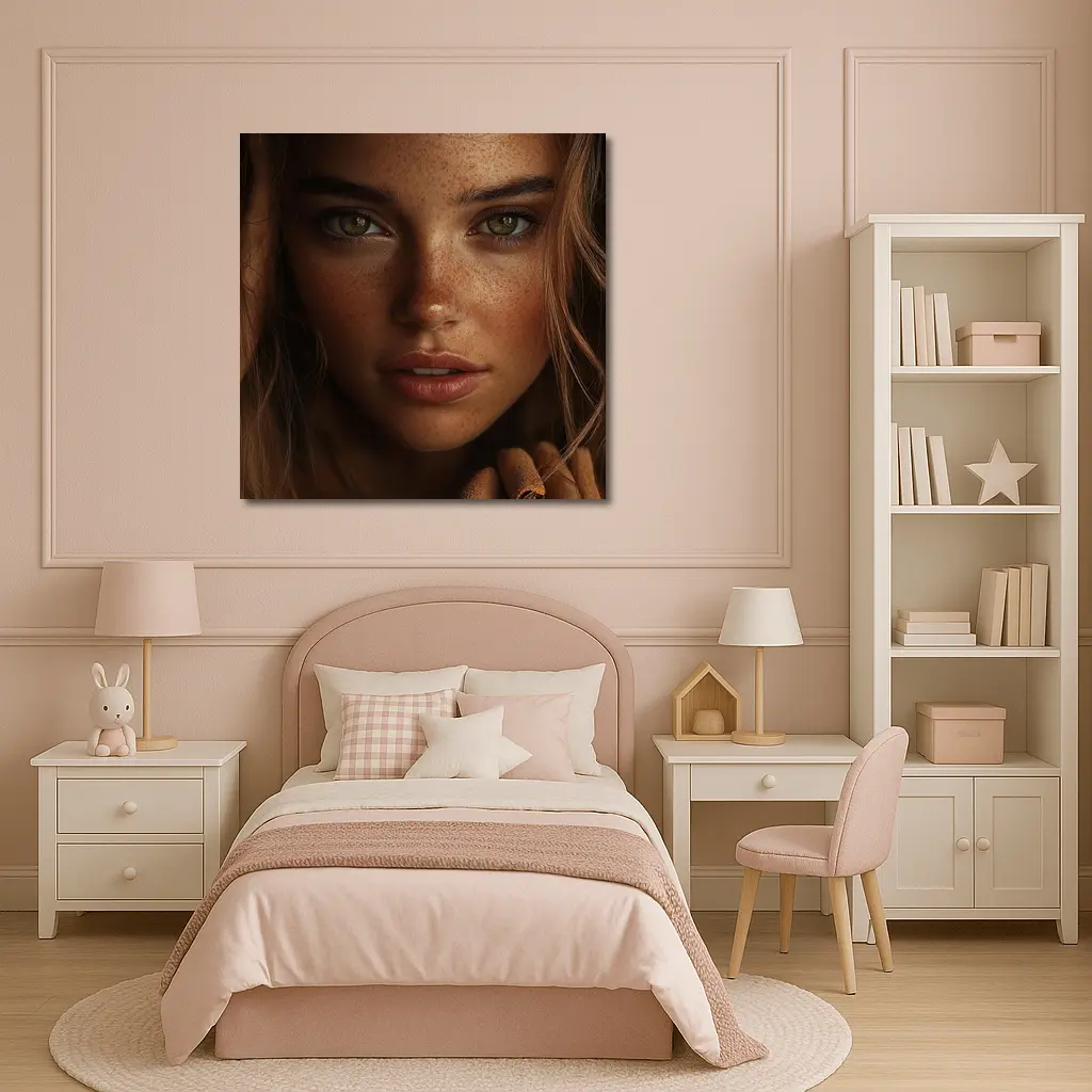 Young Woman Green Eyes Freckles Portrait – Wall Art