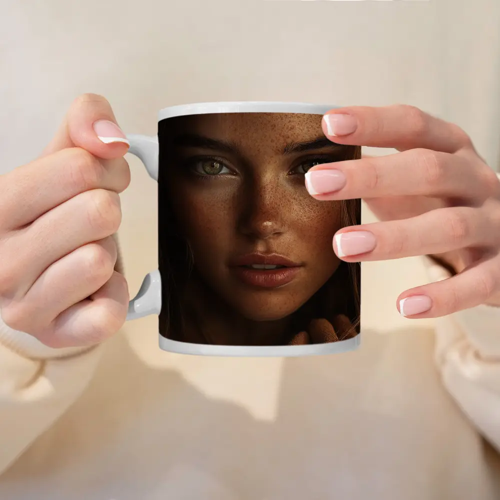 Young Woman Green Eyes Freckles Portrait – Mugs