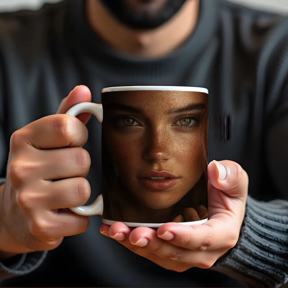 Young Woman Green Eyes Freckles Portrait – Mugs