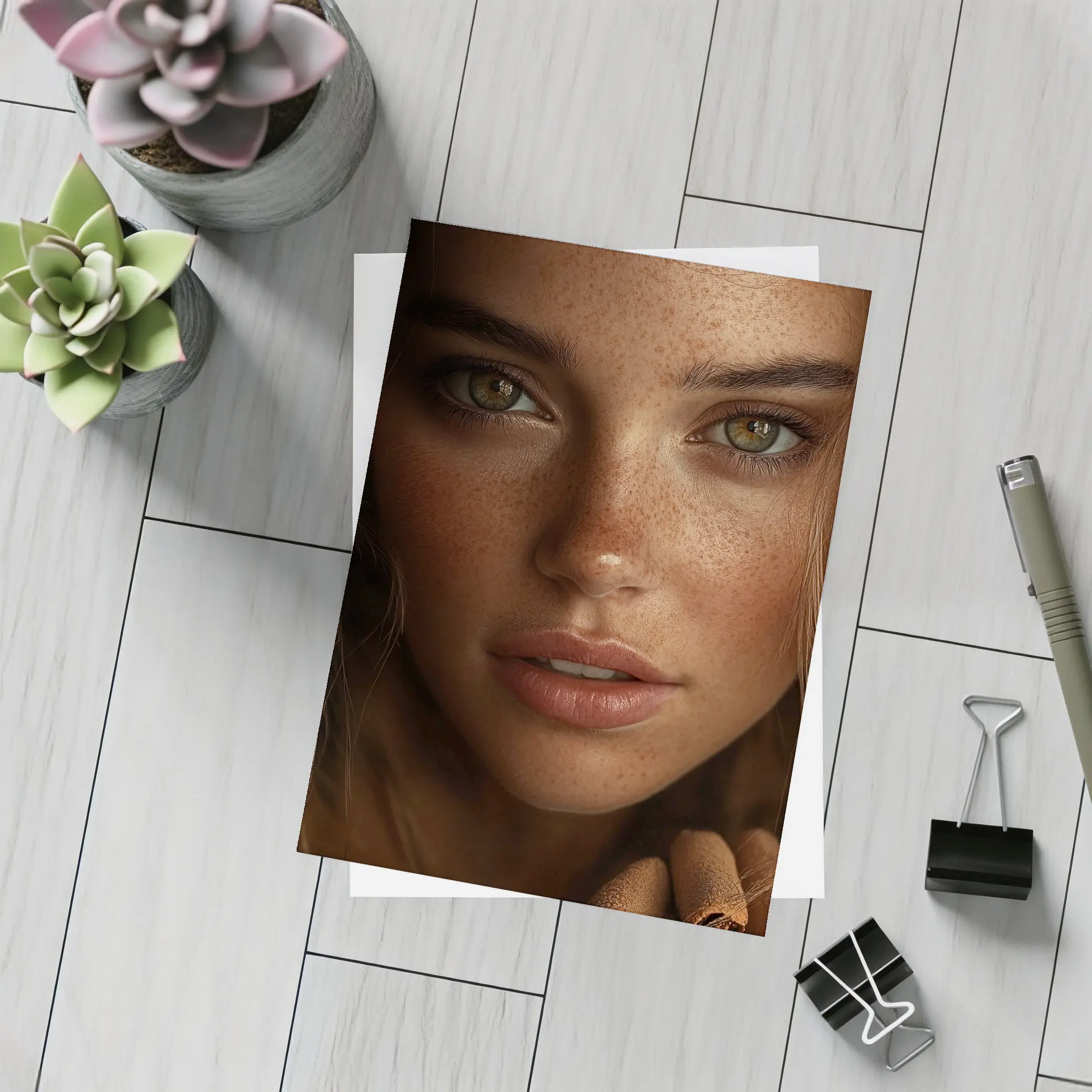 Young Woman Green Eyes Freckles Portrait – Postcards