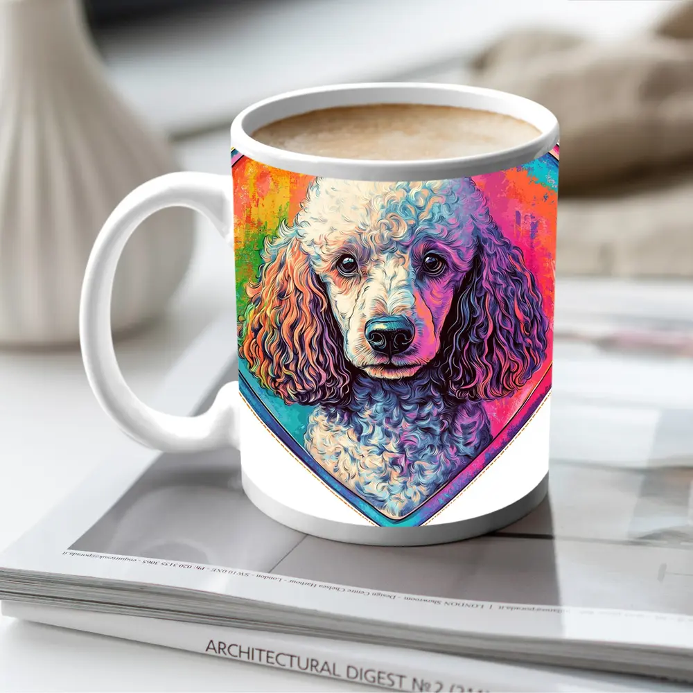 Poodle Portrait Colorful Heart Background Art – Mugs