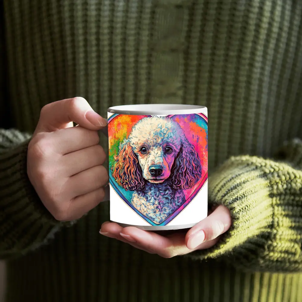 Poodle Portrait Colorful Heart Background Art – Mugs