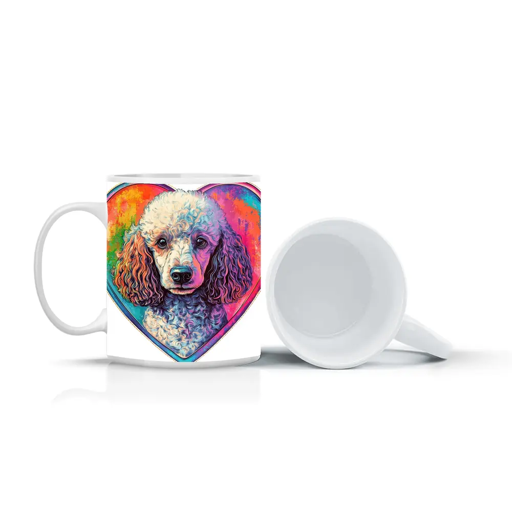 Poodle Portrait Colorful Heart Background Art – Mugs
