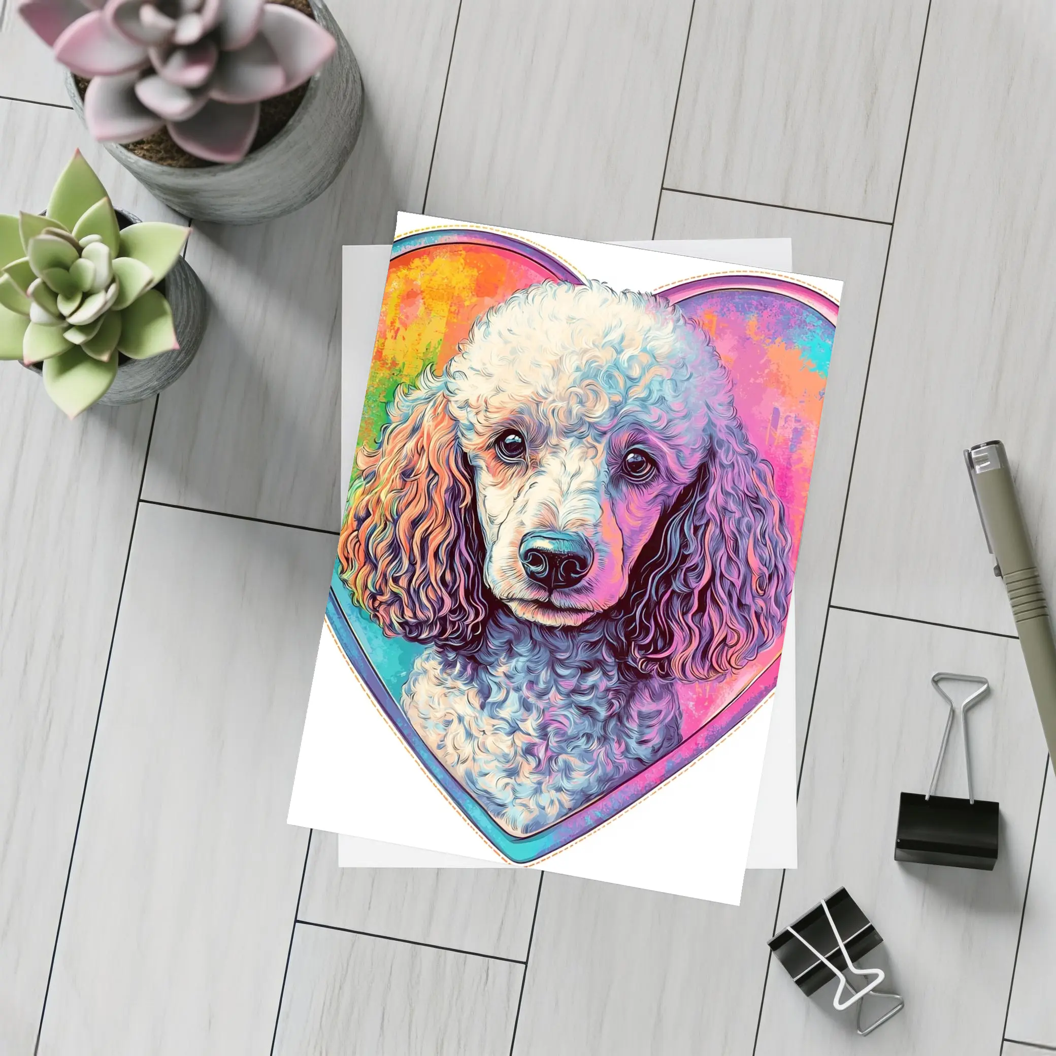 Poodle Portrait Colorful Heart Background Art – Postcards