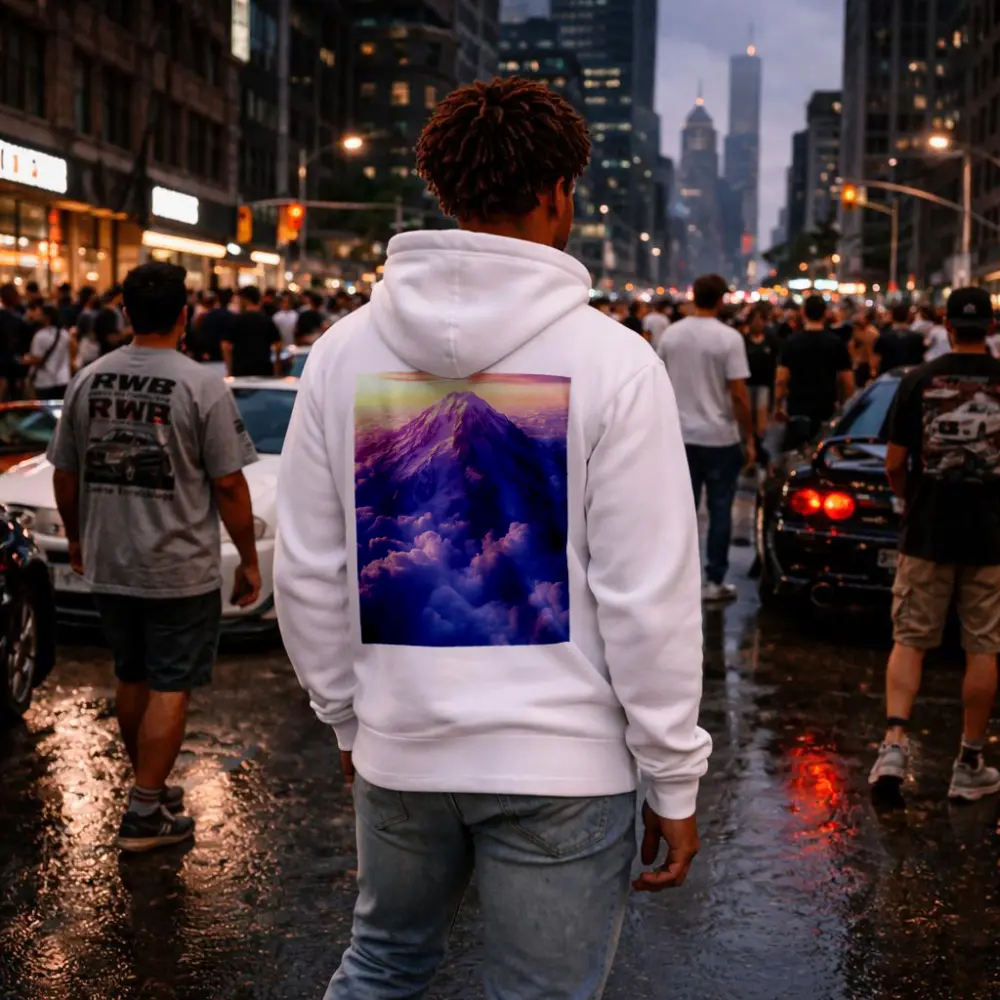 Snow Mountain Peak Rising Above Purple Clouds – Hoodies