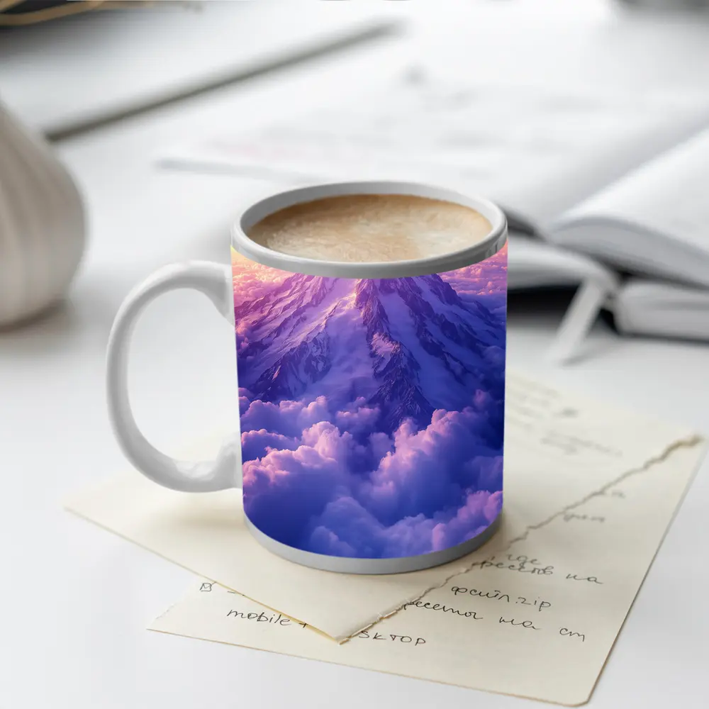 Snow Mountain Peak Rising Above Purple Clouds – Mugs