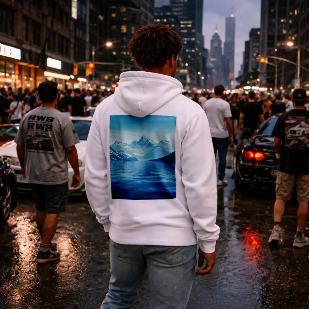 Snow Capped Mountains Over Blue Lake – Hoodies