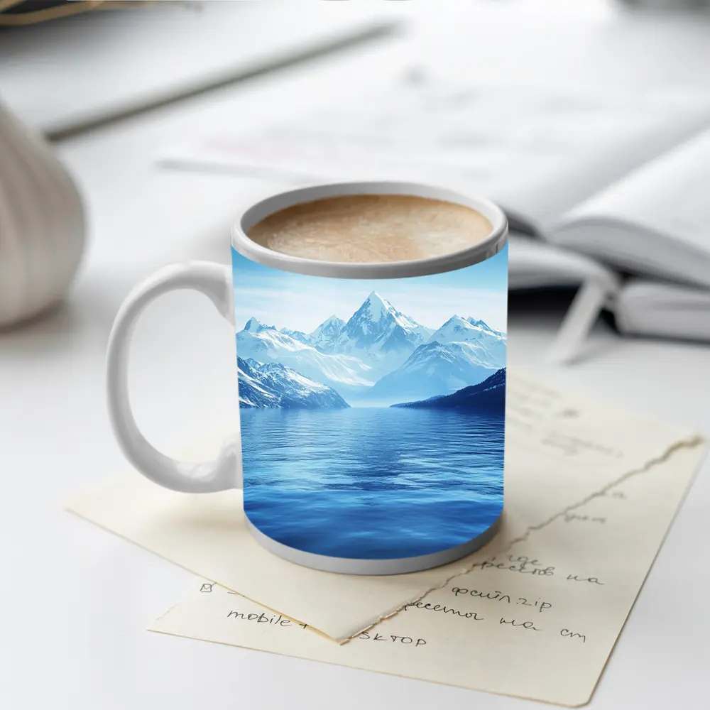 Snow Capped Mountains Over Blue Lake – Mugs