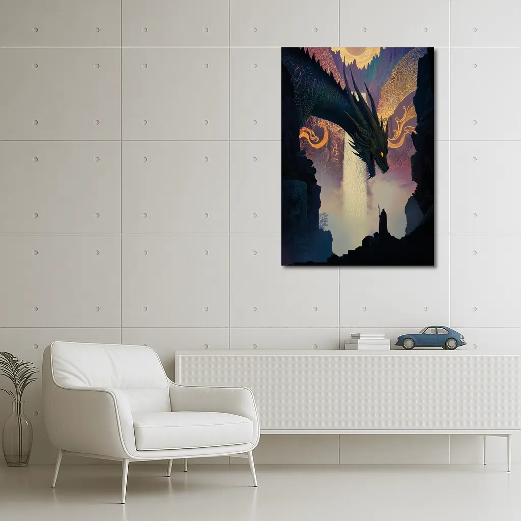 Dark Dragon Confronting Lone Wizard Fantasy Art – Wall Art