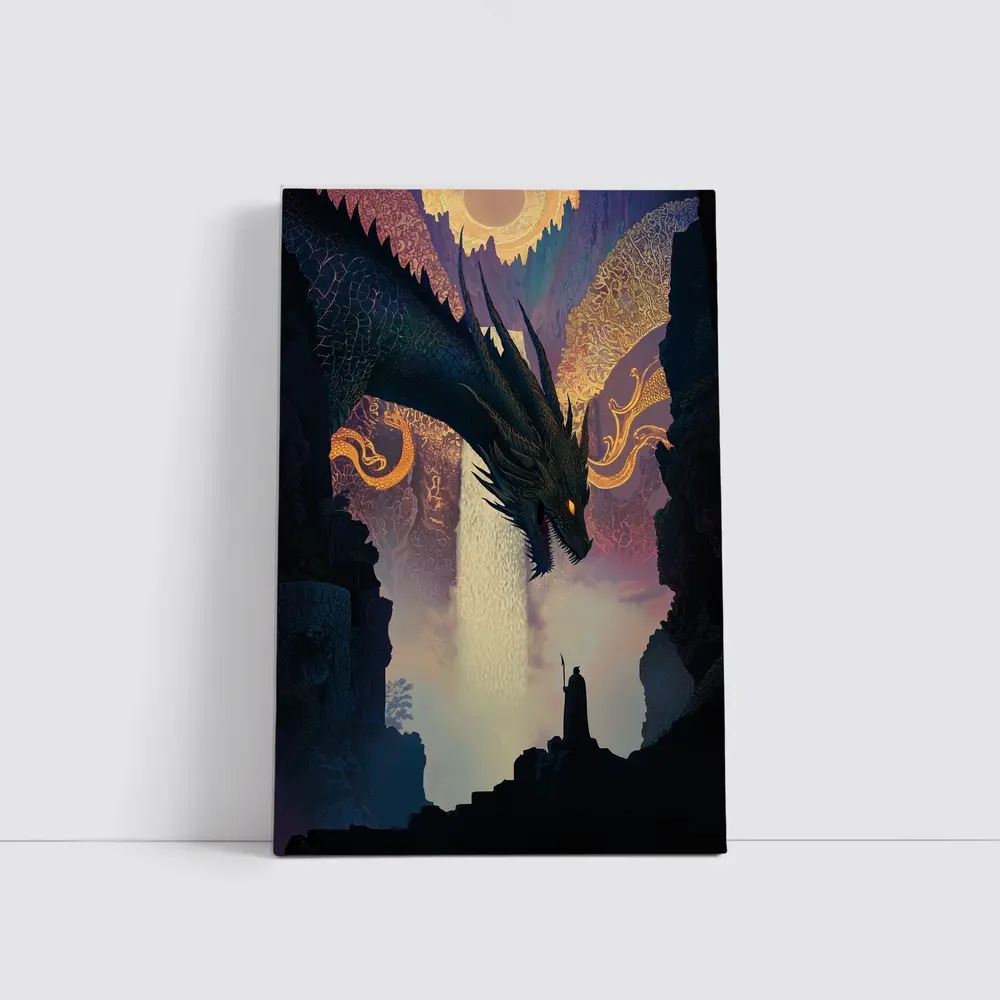 Dark Dragon Confronting Lone Wizard Fantasy Art – Wall Art