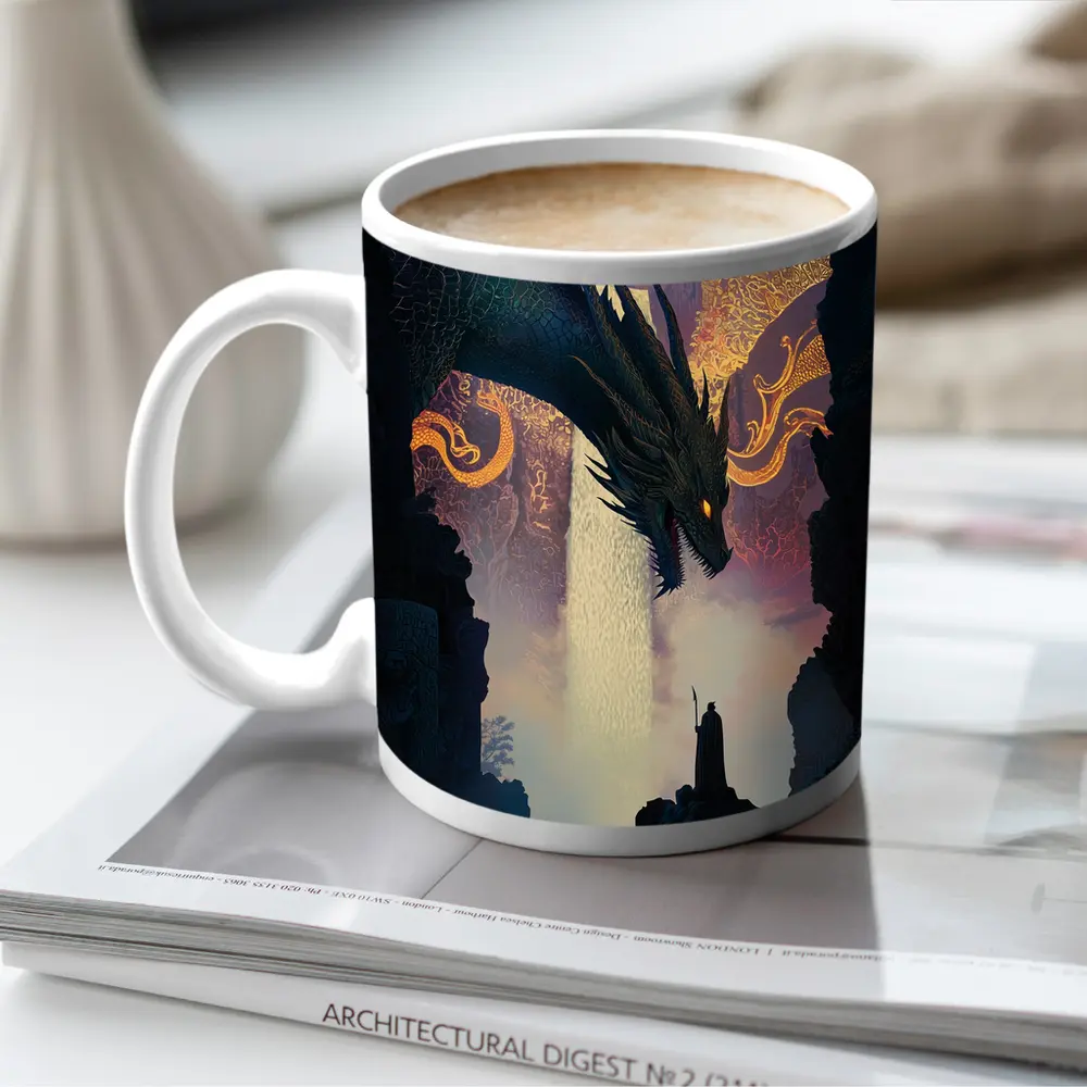 Dark Dragon Confronting Lone Wizard Fantasy Art – Mugs