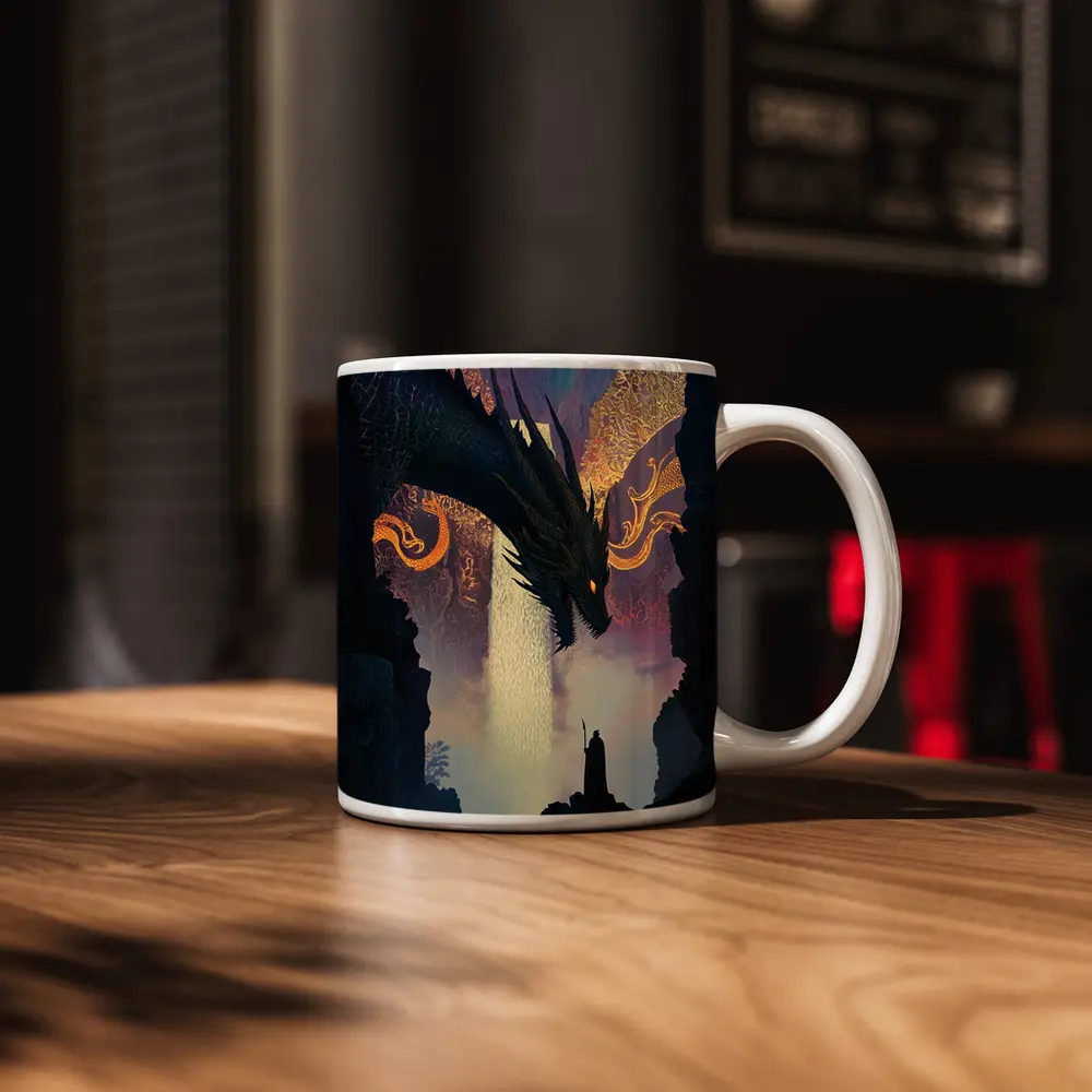 Dark Dragon Confronting Lone Wizard Fantasy Art – Mugs