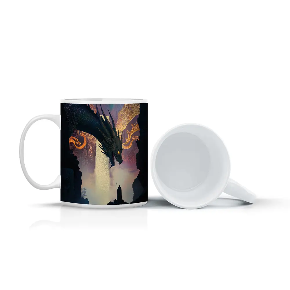 Dark Dragon Confronting Lone Wizard Fantasy Art – Mugs