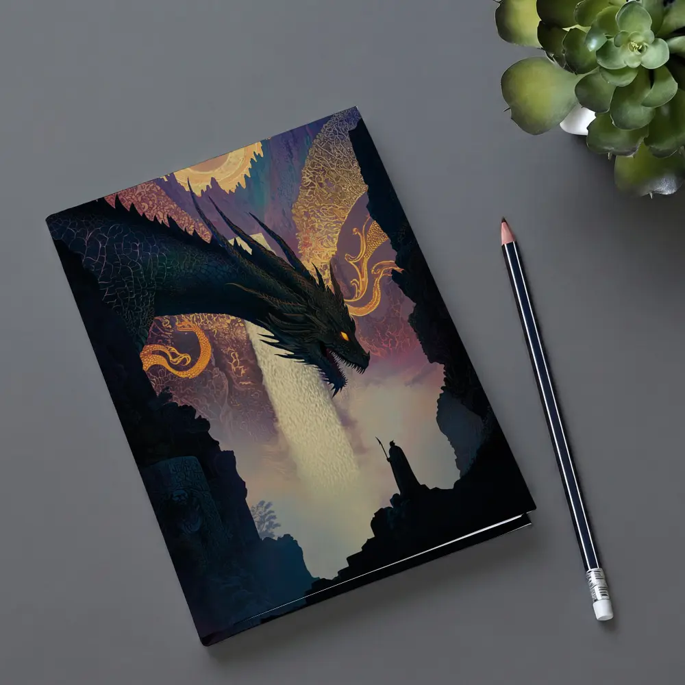 Dark Dragon Confronting Lone Wizard Fantasy Art – Notebooks