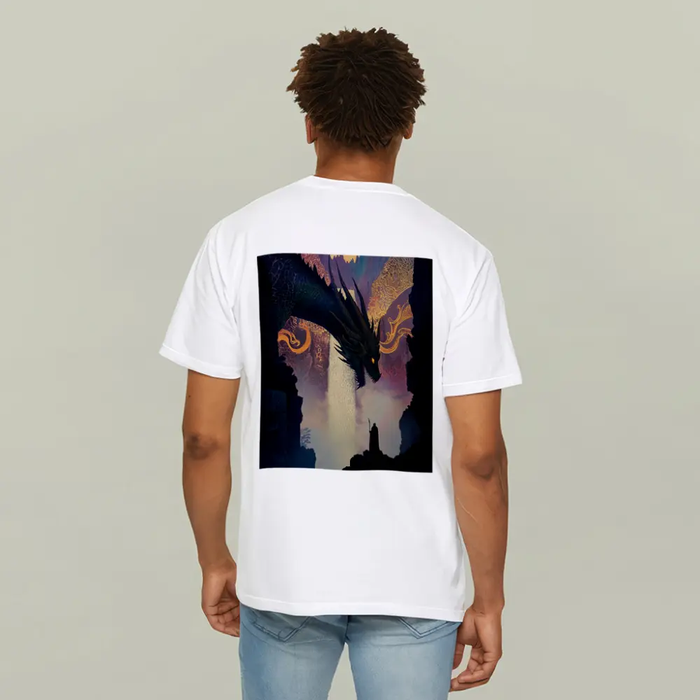 Dark Dragon Confronting Lone Wizard Fantasy Art – T-Shirts