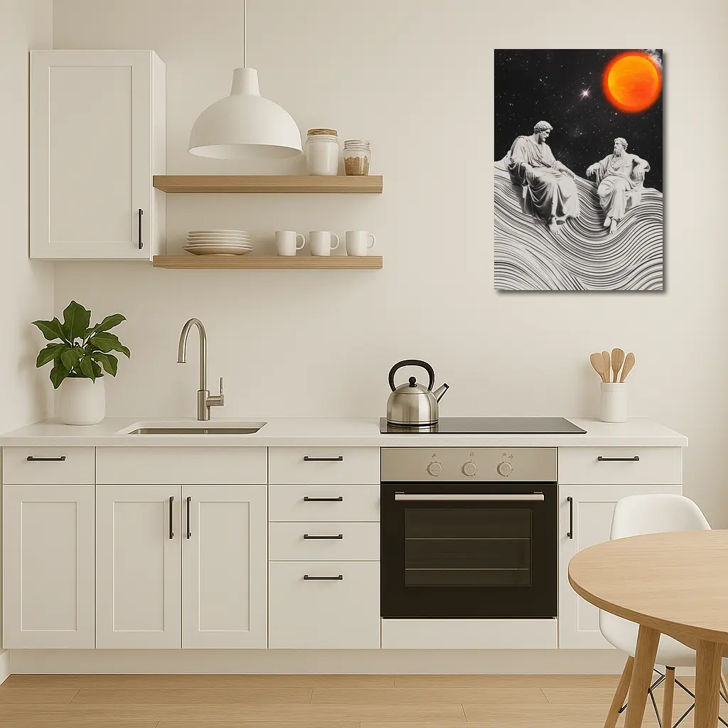 Greek Statues Sitting Under Cosmic Red Planet – Wall Art