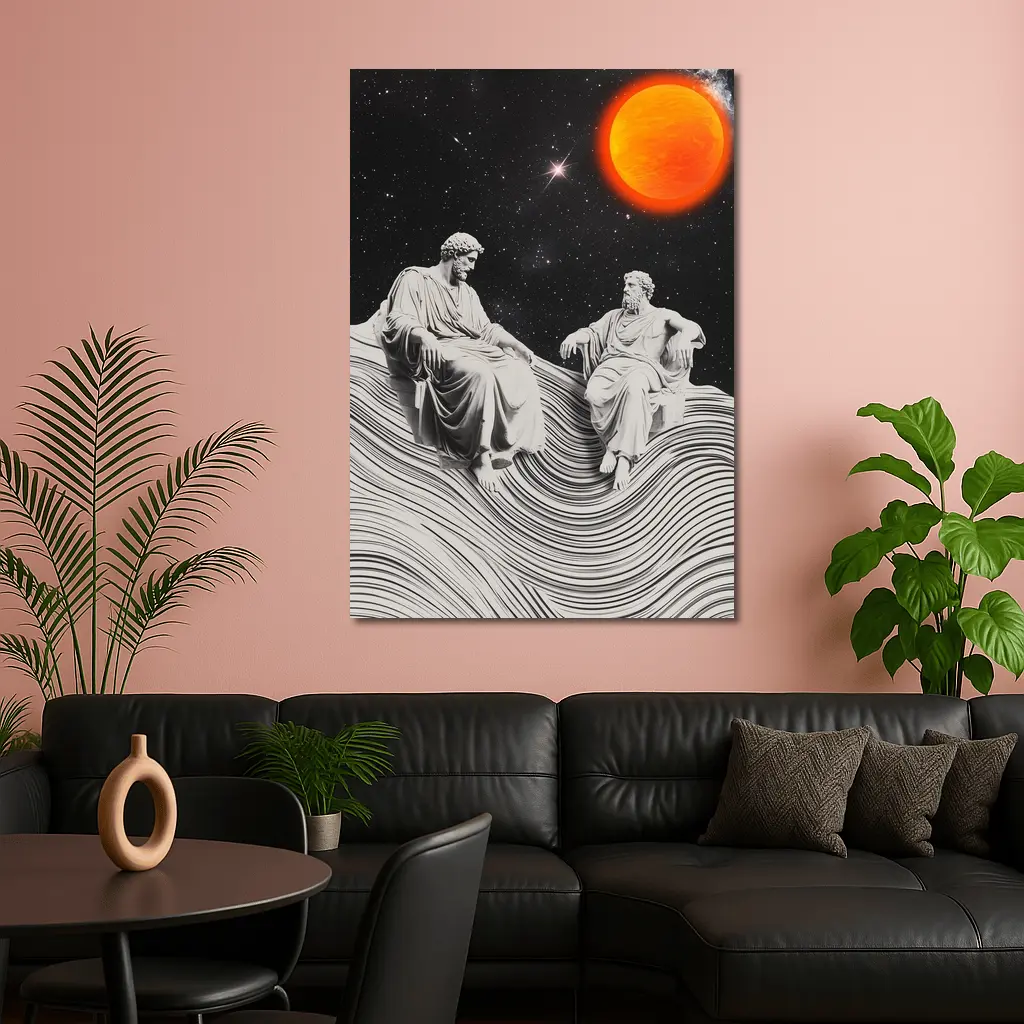 Greek Statues Sitting Under Cosmic Red Planet – Wall Art