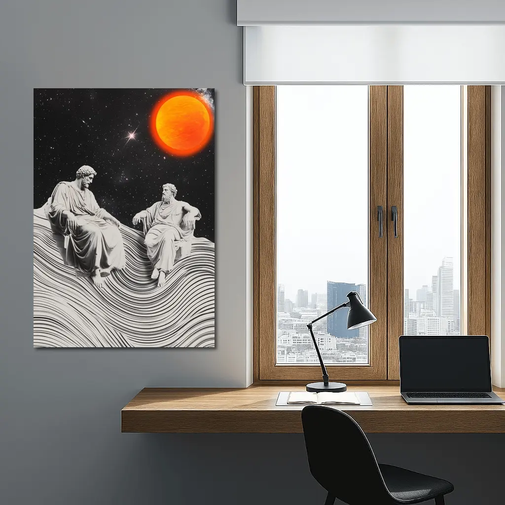 Greek Statues Sitting Under Cosmic Red Planet – Wall Art