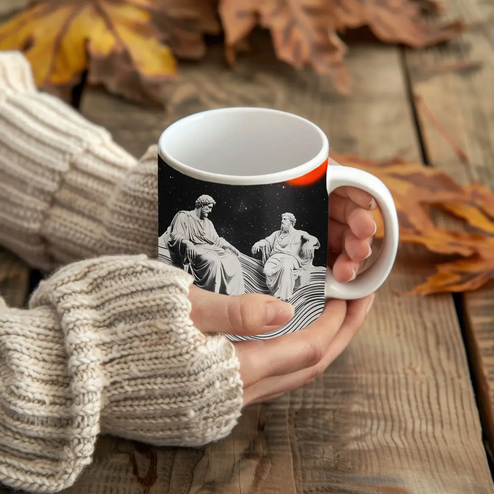 Greek Statues Sitting Under Cosmic Red Planet – Mugs