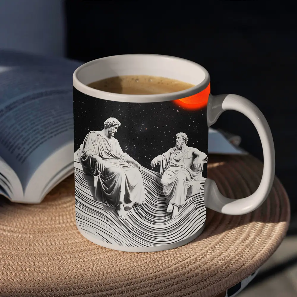 Greek Statues Sitting Under Cosmic Red Planet – Mugs