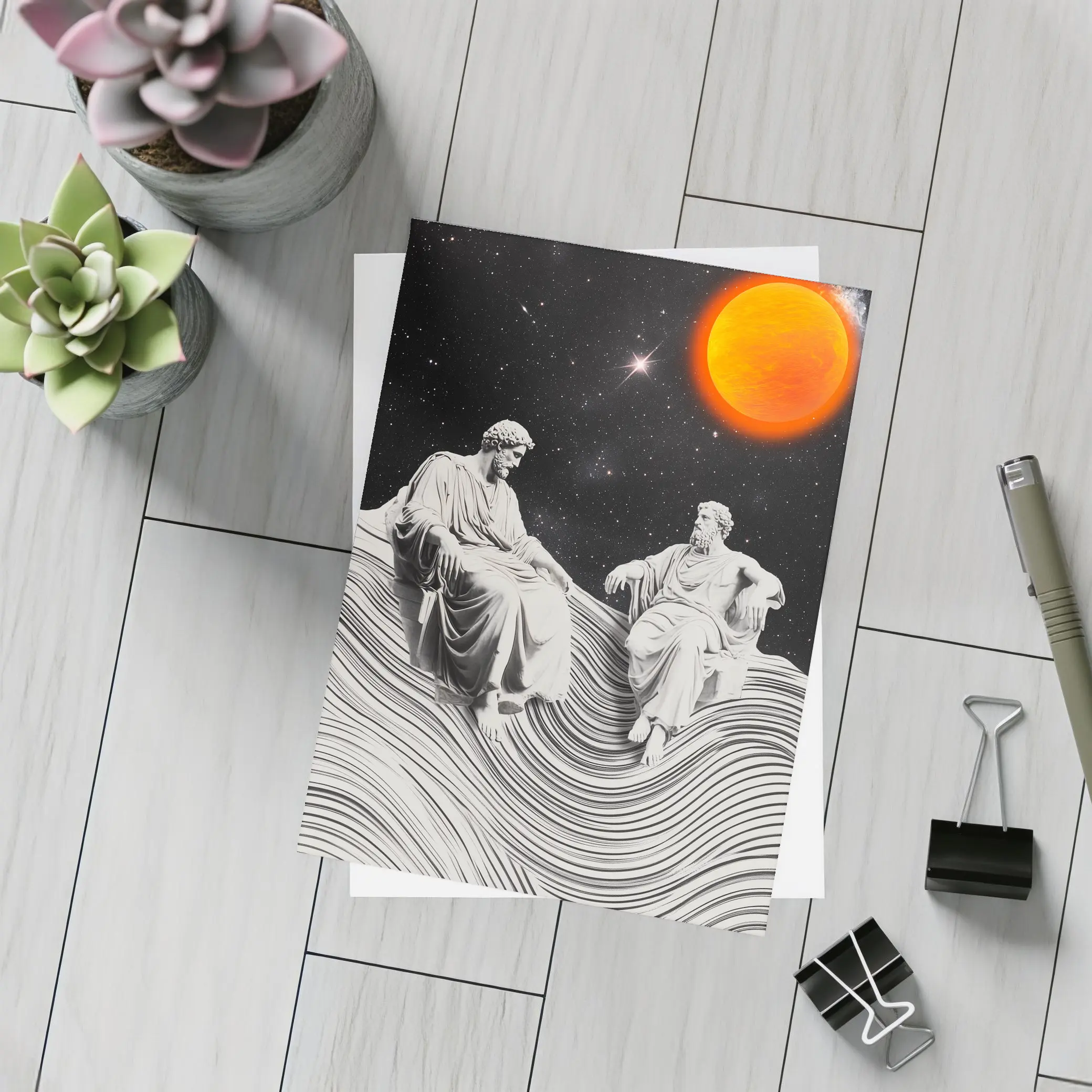 Greek Statues Sitting Under Cosmic Red Planet – Postcards