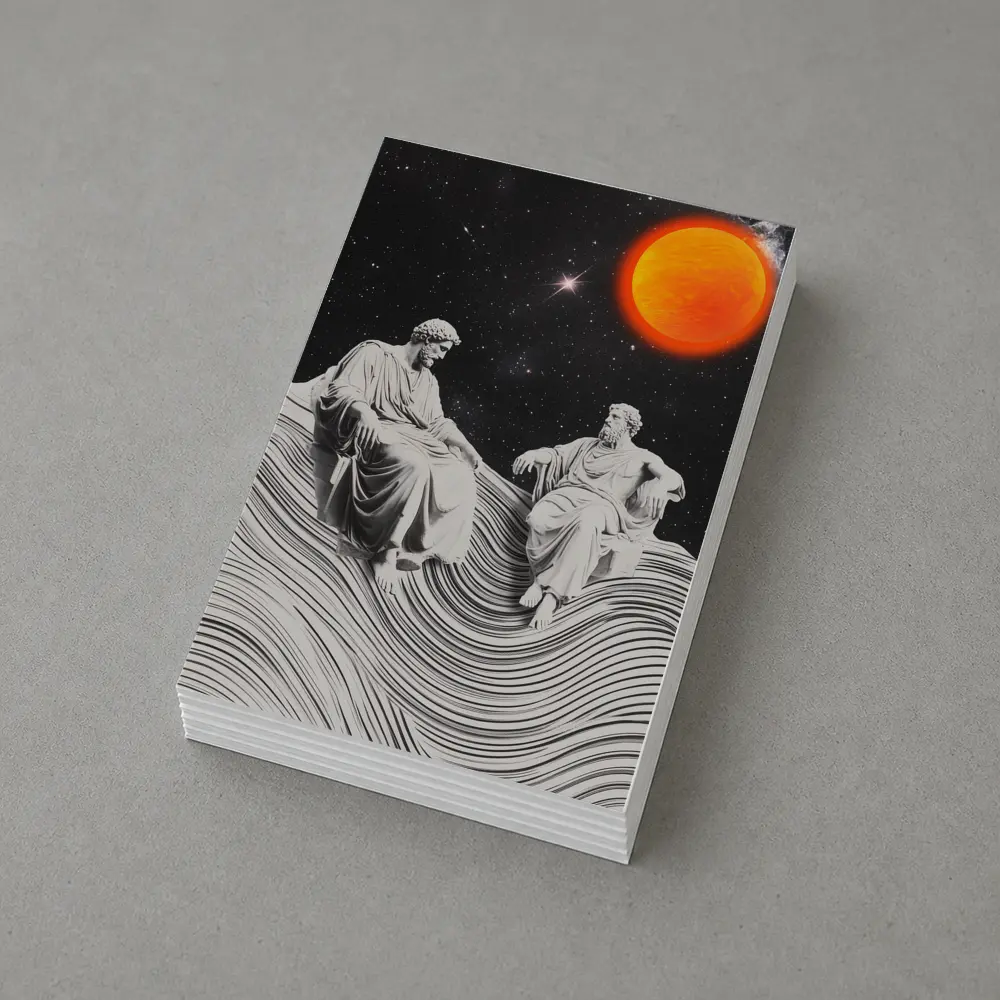 Greek Statues Sitting Under Cosmic Red Planet – Postcards