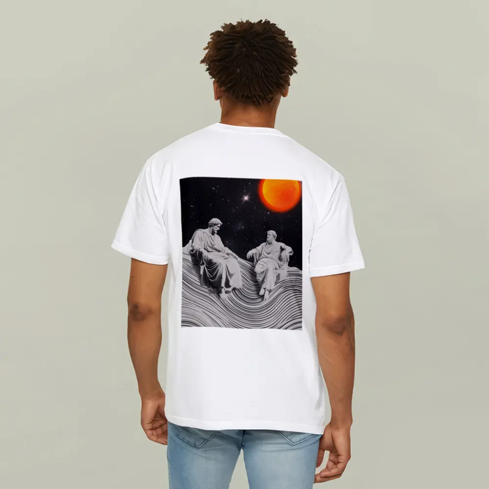 Greek Statues Sitting Under Cosmic Red Planet – T-Shirts