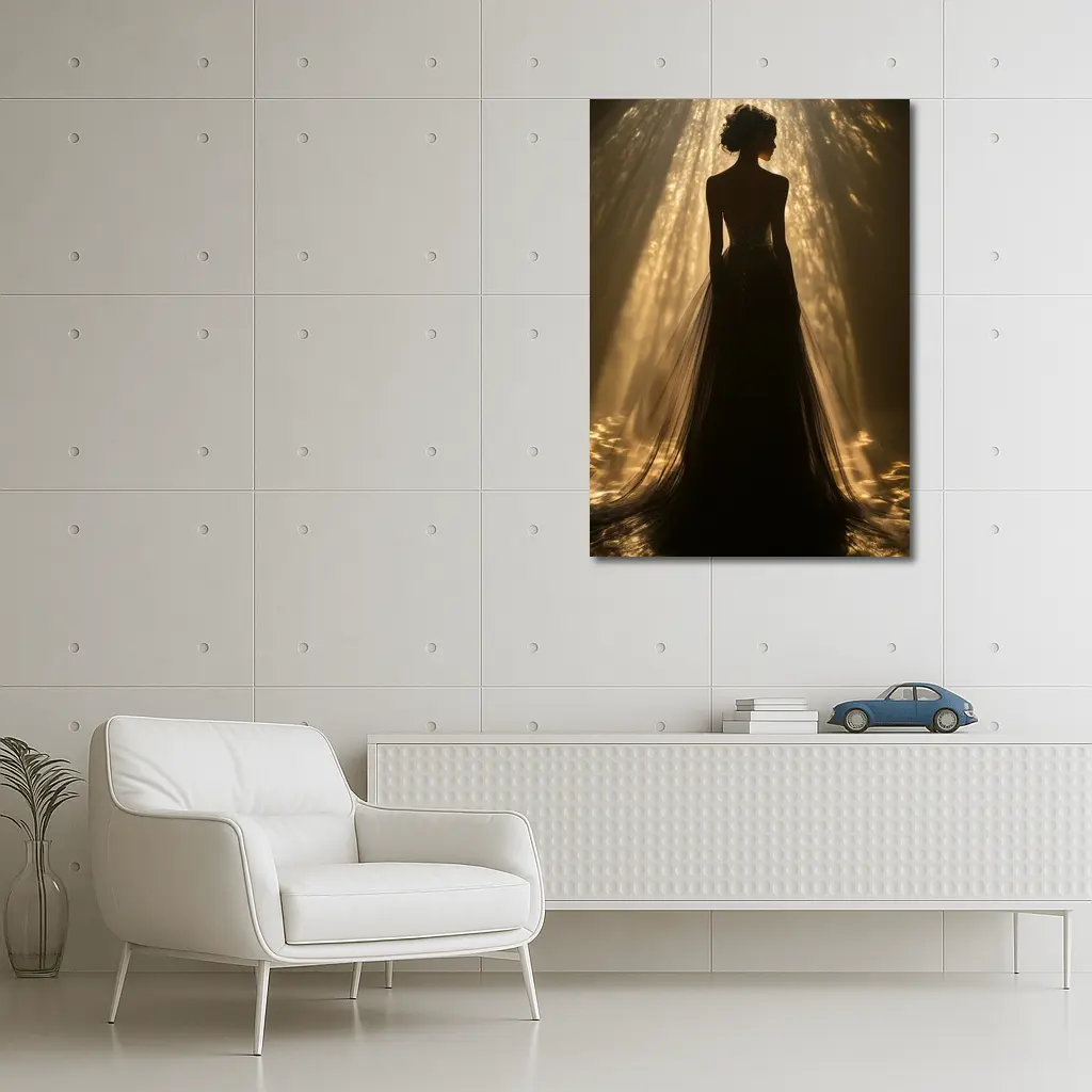 Woman Silhouette Golden Light Rays Gown – Wall Art