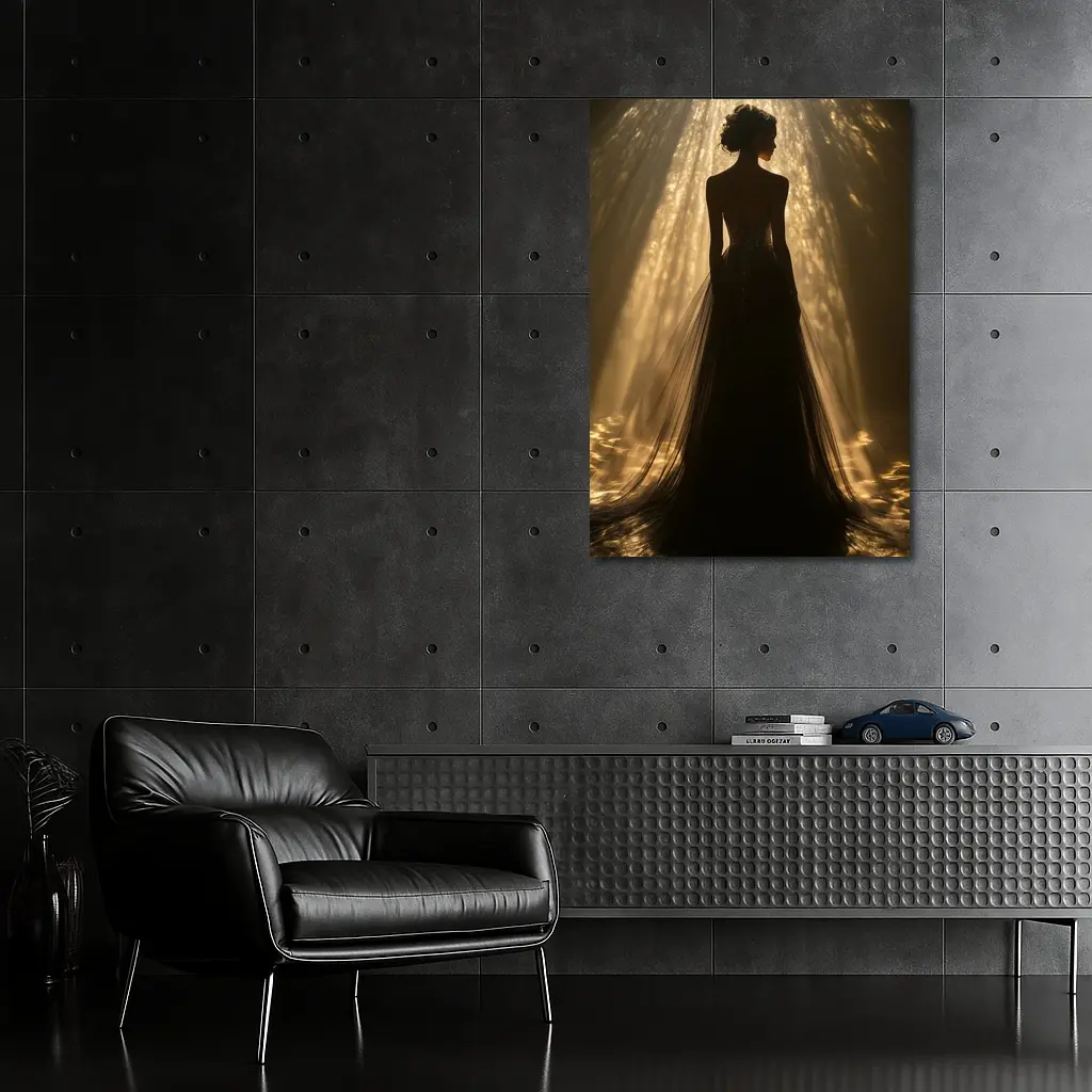 Woman Silhouette Golden Light Rays Gown – Wall Art