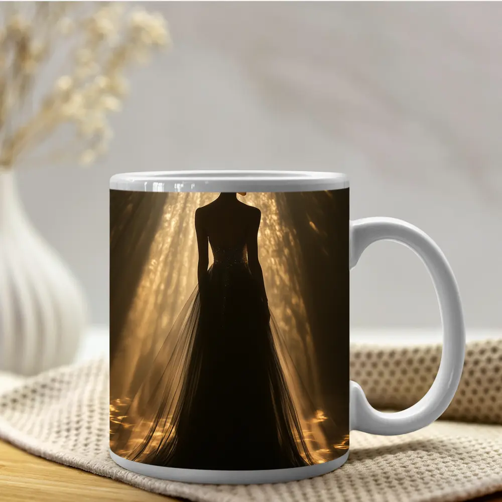 Woman Silhouette Golden Light Rays Gown – Mugs