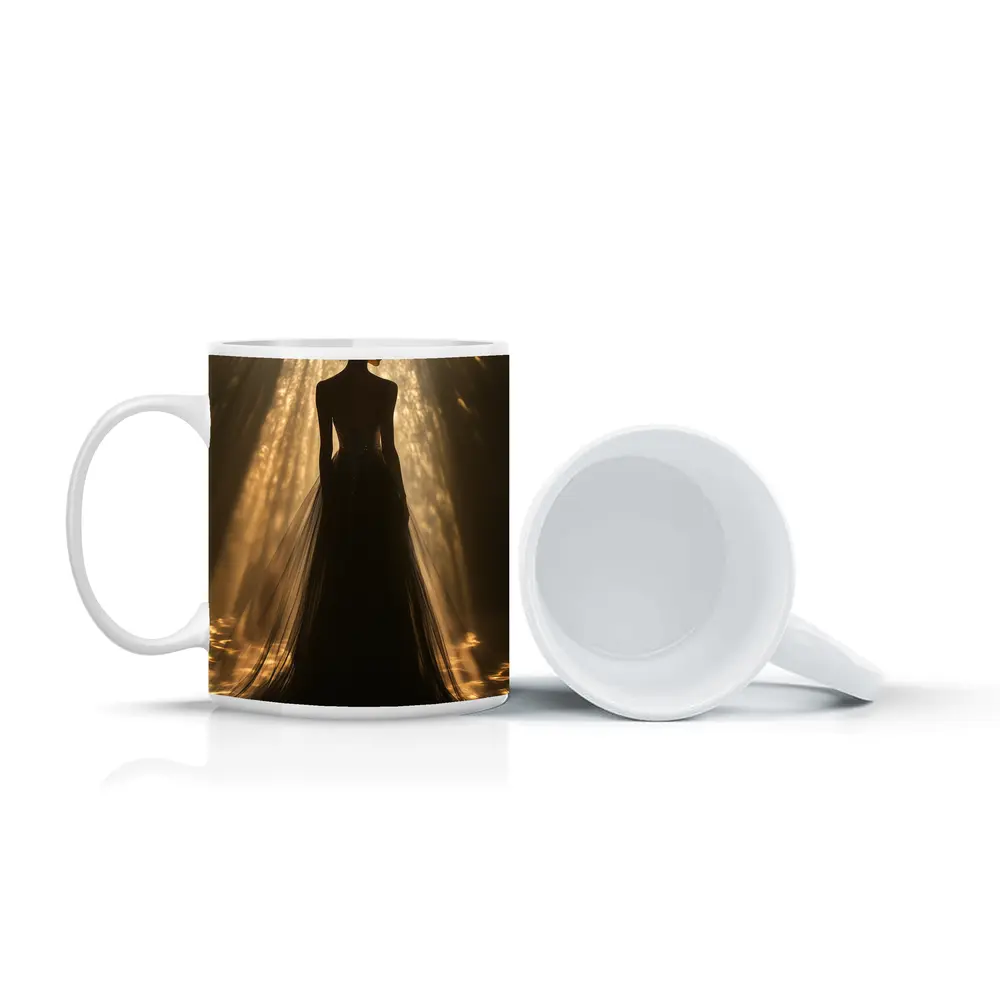 Woman Silhouette Golden Light Rays Gown – Mugs