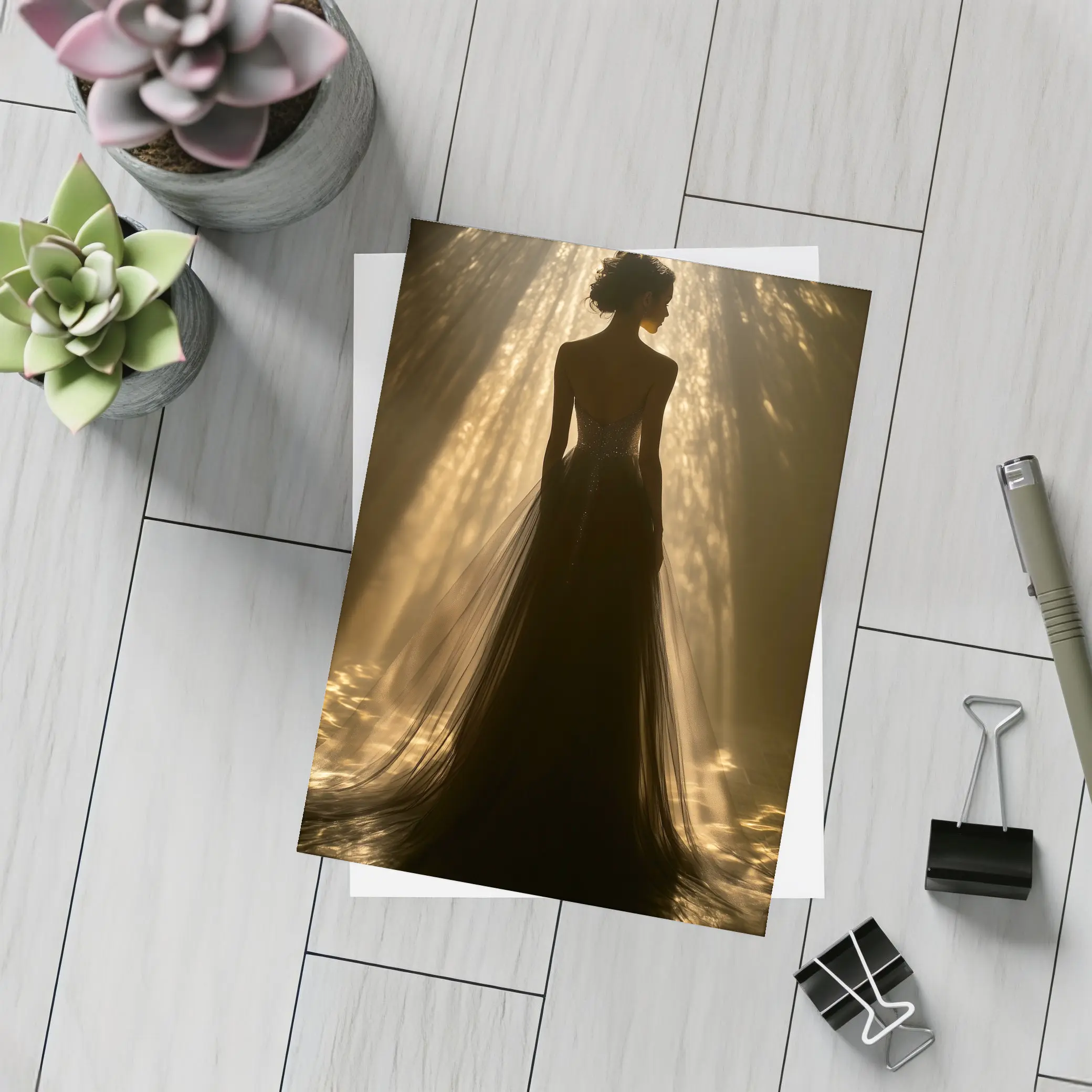 Woman Silhouette Golden Light Rays Gown – Postcards