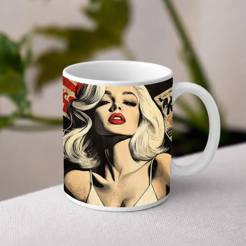 Pop Art Blonde Woman Red Lips Grunge – Mugs