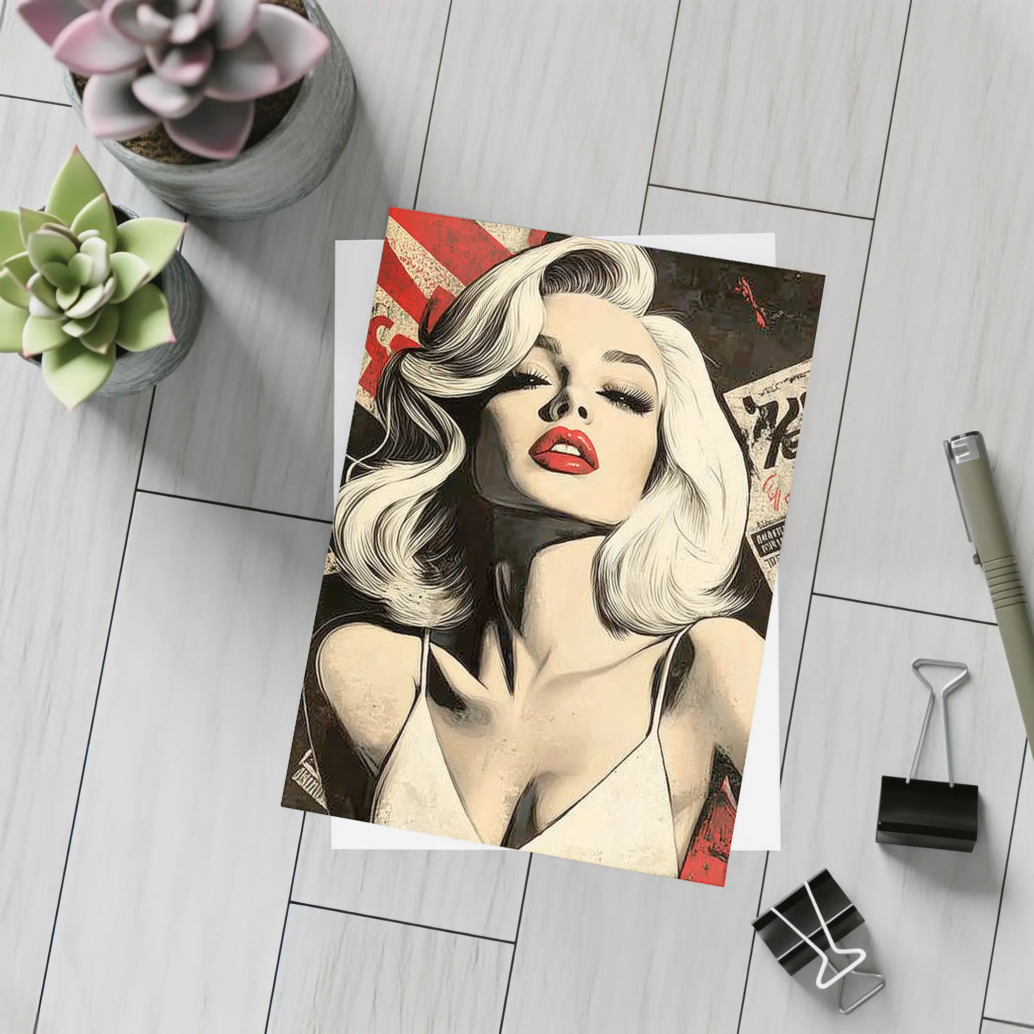 Pop Art Blonde Woman Red Lips Grunge – Postcards