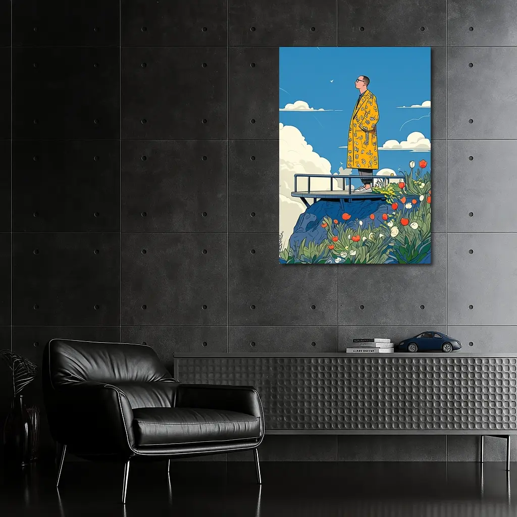 Man Yellow Coat Standing Flowers Blue Sky – Wall Art