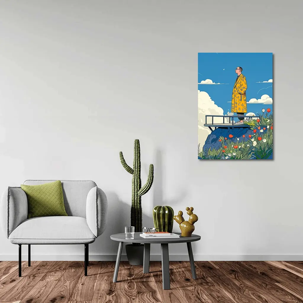 Man Yellow Coat Standing Flowers Blue Sky – Wall Art